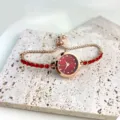 Women red rhinestone quartz watch elegant rose gold adjustable bracelet wrist watch for girls - Red