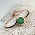 Elegant women quartz watch with green dial rose gold adjustable bracelet and crystal stones. - Green