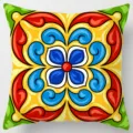 Fodera per cuscino quadrato decorativo con vivace motivo floreale geometrico siciliano divano - Fodera per Cuscino in Pelle di Pesca Bifacciale 45x45cm / Modello 31