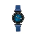Exquisite blue gradient quartz watch detail with rose gold hands and stylish mesh strap. - Blue