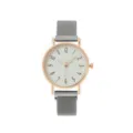 Minimalistische Damen Quarzarmbanduhr mit Roségold Gehäuse und grauem Mesh Armband. - Silber