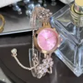 Women rose gold quartz watch with pink dial rhinestone flower bracelet strap chic design - Pink