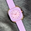 Bonbonfarbene Silikonarmband Quarz-Uhr mit rechteckigem Metallgehäuse für Damen und Herren - Rosa-Lila