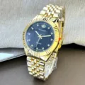 Luxus Gold Quarzuhr mit schwarzem Zifferblatt, Kristall-Indizes und edlem Metallarmband. - Herrenstil / Schwarz