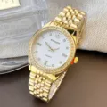 Gold Quarz Damenuhr mit Strasslünette und Edelstahlarmband luxuriöser Zeitmesser Details. - Weiß Herren
