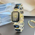 Damen Quarzuhr quadratisch mit schwarzen Kristallgliedern goldfarben Luxus Mode Armbanduhr - Schwarz
