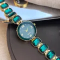 Elegante groene kristal vierkante steen quartz horloge gouden ronde wijzerplaat dames mode - Smaragd