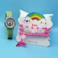 Kinder Uhren Set mit süsser Meerjungfrau Quarzuhr und rosa Perlenarmband für kleine Mädchen. - Grün