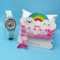Kinder Uhren Armband Set süße Meerjungfrau Quarz Uhr rosa Perlenarmband Geschenk Kinder - Hellblau