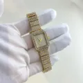 Women luxury rhinestone quartz watch, square gold dial with full crystal pave bracelet strap. - Light gold