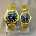 Paar Quarz Uhr goldenes Stretchband schwarzes digitales Zifferblatt laessiger Stil Alltag - Herrenstil / Goldfarbe Schwarz
