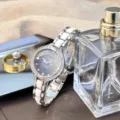 Elegant gradient ceramic-style starry dial women's quartz watch close-up showcase view - Silver