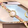 Crystal flower quartz watch for women, elegant pink gemstone bracelet wrist watch jewelry. - Pink