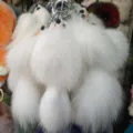 Fluffy white pom pom keychain detail shot, soft fur bag charm and cute car key accessory pendant. - 20x6cm / White