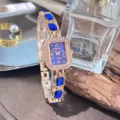 Exquisite rechteckige Quarzuhr mit blauem Edelsteinarmband, elegante Strass-Damenuhr. - Blau