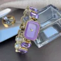 Damen quadratisch lila Kristall Edelstein Armbanduhr elegante Mode Quarz Uhruhr - Lila