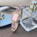 Elegante quadratische Strass-Quarzuhr mit wunderschönem lila Edelstein-Armband für Damen. - Lila