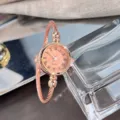 Nahaufnahme einer eleganten Roségold-Armspangen-Uhr mit gedrehtem Armband und Zifferblatt. - Roségold Römische Ziffern