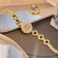 Elegante goldfarbene Sonnenblumen Quarzuhr Armbanduhr mit Strasssteinen und schwarzen Perlen. - Schwarz