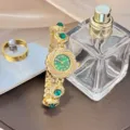 Luxus goldene Damen Quarzuhr Armbanduhr mit grünem Zifferblatt und glänzenden Strasssteinen. - Grün