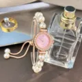Women's luxury quartz watch with pearl bracelet strap, sparkling diamond bezel pink dial. - Pink
