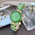 Groene wijzerplaat dames quartz horloge met gouden bezel en snoep edelsteen armband mode. - Grasgroen