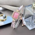 Rose gold quartz watch for women, pink square dial with crystal bezel and gemstone strap. - Pink