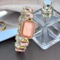 Elegante Damen Quadratische Armbanduhr Rosa Edelstein Gold Mode Armbanduhr Variante - Champagnerrosa