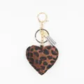Leopard print heart keychain with fluffy plush design, gold metal clasp and grey tassel. - Brown Tassel Keychain