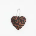 Leopard print heart plush keychain bag charm, cute fuzzy heart accessory with silver chain. - Brown Bead Chain
