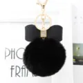 Black faux fur bow pompom keychain bag charm, fluffy ball keyring fashion accessories. - 8cm Pompom / Black