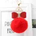 Red fluffy faux fur pom pom keychain with leather bow and rhinestone charm for stylish bags - 8cm Pompom / Red