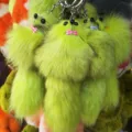 Fluffy green fur pom pom keychain cute plush bag charm animal key ring accessory - 20x6cm / Yellow-Green