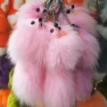 Fluffy pink fox plush keychain bag charm and cute fluffy animal pendant for keys. - 20x6cm / Light Pink