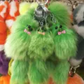 Green fluffy plush keychain cute furry animal bag charm with bow and metal ring charm - 20x6cm / Green