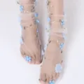 Sheer mesh mid-tube socks with 3D blue floral embroidery, ultra-thin tulle socks. - One Size / Light Blue