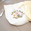 Silk drawstring bag with ribbon flower embroidery, handmade vintage gift pouch for Qipao. - Off White