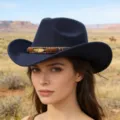Women's western cowboy wool felt hat with metal feather band retro vintage outdoor fedora hat - Navy Blue