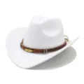White western cowboy hat with brown braided band, metal feather charm, and stylish beads. - White