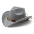 Grey felt western cowboy hat with ethnic braided band and gold feather charm for adults. - Gray