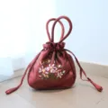 Red silk floral embroidery drawstring handbag, traditional vintage style mini coin purse tote bag. - Burgundy