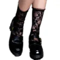Black lace ruffle mid-tube socks Lolita style gothic sheer mesh stockings fashion cute - Adult One Size / Small Peony [Black]