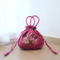 Traditional Chinese silk ribbon embroidery handbag drawstring pouch for hanfu outfit - Fuschia