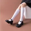 White pearl calf socks with black Mary Jane shoes variant, fashionable spring wear. - One Size / Plain Pearl Calf Socks / White