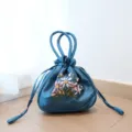 Traditional Chinese style silk embroidered handbag, floral drawstring pouch for Hanfu Qipao. - Blue