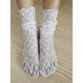 White lace sheer socks women retro hollow net ruffle mid-tube slouch socks summer hosiery - One Size / White