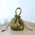 Green Silk Embroidered Drawstring Handbag Vintage Chinese Style Coin Pouch Gift Bag - Green