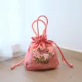 Pink silk handbag with ribbon embroidery, traditional Chinese style drawstring pouch purse. - Lotus Pink