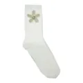 White pearl beaded mid-calf socks for women, sweet floral design cotton hosiery. - One Size / Sunflower Double Needle Striped Pearl Mid Tube Socks / White