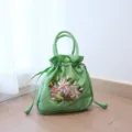 Green silk ribbon embroidered handbag, traditional Chinese style drawstring pouch for hanfu. - Light Green